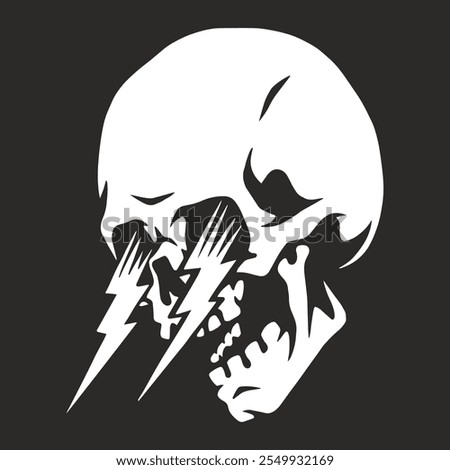 A striking graphic features a white skull with bold lightning bolts piercing through the eye sockets set against a dark background emphasizing a dynamic and edgy aesthetic.