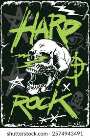 A striking graphic featuring a skull with vibrant green accents. The design emphasizes hard rock themes with lightning bolts and punk-inspired elements framed by stars and symbols.