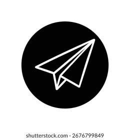 A striking graphic featuring a white paper airplane icon against a solid black circular background, representing ideas, messages, and forward motion.