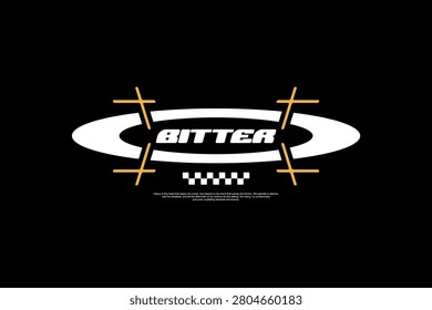 A striking graphic featuring the word BITTER in a futuristic font, enclosed within an oval shape and accented with geometric lines and a checkered pattern.