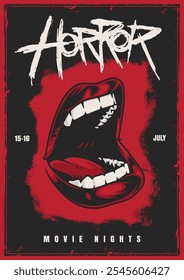 A striking graphic highlights upcoming horror movie nights scheduled for July 15 and 16. The artwork features bold colors and an intense design that captures the essence of horror.