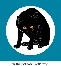 A striking graphic illustration of a black cat with piercing, bright orange eyes, set against a clean white circle and a teal background.
