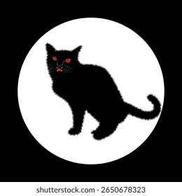 A striking graphic illustration of a black cat with an eerie, fluffy texture and piercing, bright red eyes, complete with visible fangs and a hint of a red tongue.