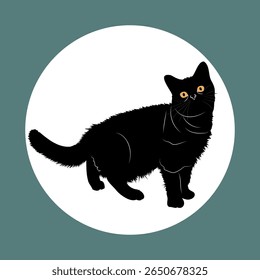 A striking graphic illustration of a black cat with an eerie, fluffy texture and piercing, bright red eyes, complete with visible fangs and a hint of a red tongue.