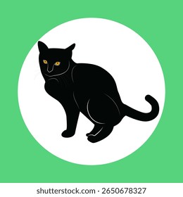 A striking graphic illustration of a black cat with an eerie, fluffy texture and piercing, bright red eyes, complete with visible fangs and a hint of a red tongue.