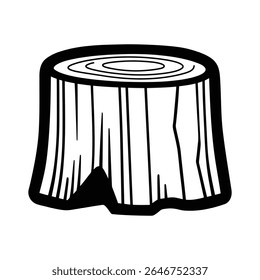 Striking graphic illustration features a bold black and white representation of a tree stump, emphasizing the cut surface and the visible annual rings within.