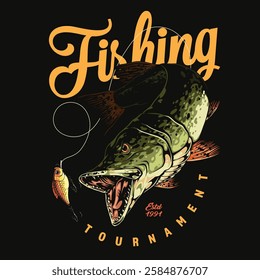 A striking graphic showcases a large fish with an open mouth ready to bite a lure. The design highlights the theme of a fishing tournament established in 1991.