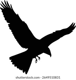 Striking graphic showcasing a black silhouette of a bird of prey in flight, featuring outstretched wings and detailed feathers, set against a contrasting light canvas.