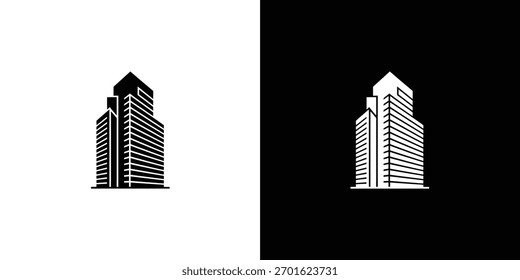Auffällige Grafik, die zwei identische Gebäudespeicher mit sauberen, parallelen Fenstern zeigt; einer schwarz auf weiß, der andere weiß auf schwarz, ideal für architektonische Designkonzepte.