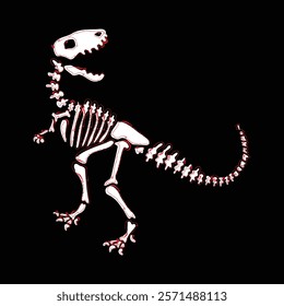 A striking graphic of a Tyrannosaurus Rex skeleton, rendered in white with a red outline against a black background.