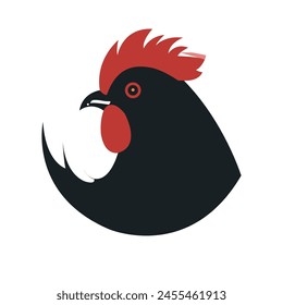 A striking graphical representation of a black rooster with a vivid red crest and detailed markings around the eye, showcasing a simplistic yet bold design aesthetic.