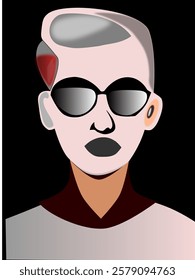 A striking half-body illustration of a male face wearing glasses, set against a deep black background. The minimalist yet mysterious design emphasizes contrast and intrigue.