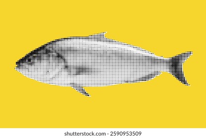 A striking halftone collage showcases a fish silhouette intricately designed in black and white, set against a vivid yellow backdrop that captivates the viewer's imagination.