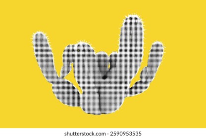 A striking halftone illustration of a cactus features bold contours and a cheerful yellow background, inviting viewers into a burst of personality and creativity in any space.