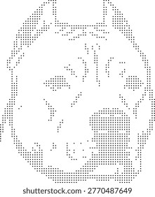 A striking halftone wolf portrait rendered in monochrome bitmap dither style forming a pixelated wild canid illustration with a retro dot pattern ideal for graphic design and vector animal art