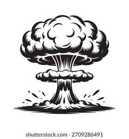 Una llamativa Imagen en blanco y negro dibujada a mano representa una poderosa explosión de nubes de setas con ondas de choque radiantes.