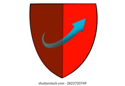 A striking heraldic shield (escutcheon) divided per pale into deep brown and vibrant red sections. The shield features a prominent curved blue arrow rising diagonally from the lower left to the upper right, symbolizing progress, aspiration, or upward movement. This classic coat of arms design combines traditional heraldic elements with dynamic symbolism, perfect for representing organizations, families, or concepts related to growth, achievement, and forward momentum. The clean vector-style illustration works well for both digital and print applications.

