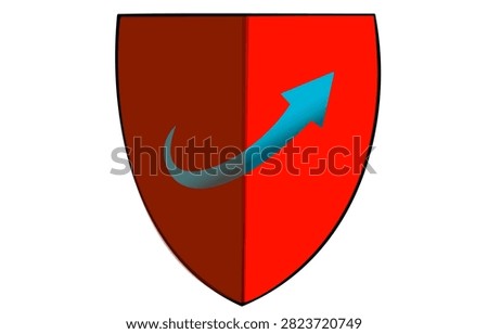 A striking heraldic shield (escutcheon) divided per pale into deep brown and vibrant red sections. The shield features a prominent curved blue arrow rising diagonally from the lower left to the upper right, symbolizing progress, aspiration, or upward movement. This classic coat of arms design combines traditional heraldic elements with dynamic symbolism, perfect for representing organizations, families, or concepts related to growth, achievement, and forward momentum. The clean vector-style illustration works well for both digital and print applications.

