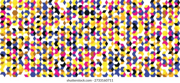 A striking and high contrast pattern formed by many small isometric cubes in primary colors and black, creating a dynamic visual.