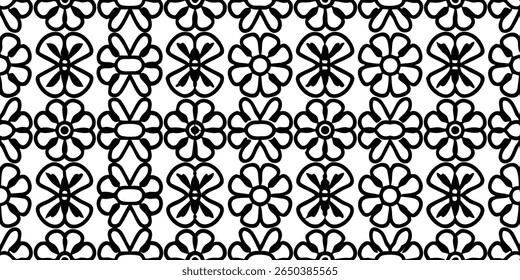 A striking, high-contrast graphic pattern featuring stylized flowers with rounded petals and central circles, arranged in a regular, repeating grid.