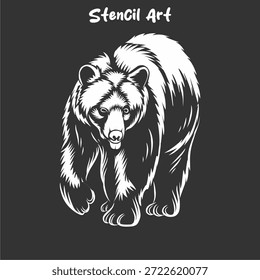 Uma impressionante ilustração vetorial de alto contraste de um urso pardo andando em um estilo arrojado de arte estêncil. Este design apresenta linhas brancas limpas em um fundo escuro, capturando a anatomia poderosa e textura de pele do animal selvagem. Perfeito para marca masculina, logotipos de aventura ao ar livre, emblemas de clube de caça, impressões de camisetas e projetos de corte de vinil. A estética minimalista garante que ele permaneça impactante em qualquer escala