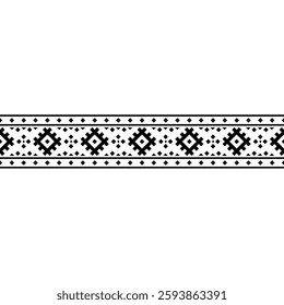 A striking horizontal seamless pattern with intricate tribal-inspired geometric designs in black and white. Great for branding, packaging, and home decor.