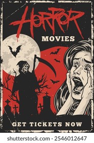 A striking horror movie poster displays a grim reaper figure alongside a terrified woman. The eerie atmosphere is enhanced by bats and a full moon inviting viewers to get tickets.