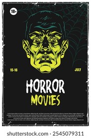 A striking horror movie poster features a green-faced character with wide eyes. It advertises a horror movie event on July 15 and 16 appealing to fans of the genre.