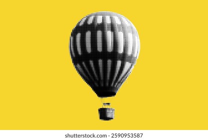 A striking hot air balloon ascends into the clear blue sky, showcasing its unique halftone design against a bold yellow backdrop, evoking a sense of adventure and freedom.