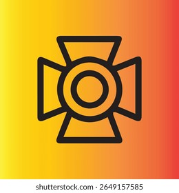 A striking icon featuring a bold black geometric cross with a central circle against a vibrant yellow to red gradient background.