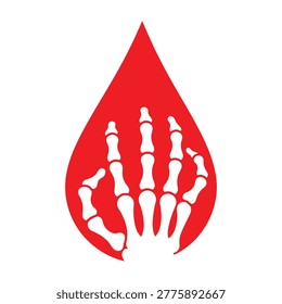 A striking icon featuring a white skeletal hand silhouette centered within a bold red droplet. Ideal for blood donation campaigns, medical research, and anatomy design.