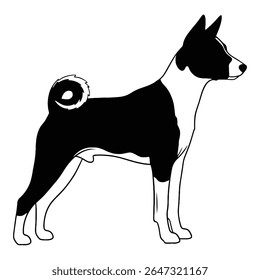 A striking illustration of a Basenji dog showcasing its distinctive features. The monochrome aesthetic emphasizes the dog's elegant posture and unique characteristics