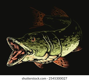 A striking illustration captures a large fish exhibiting sharp teeth and vibrant colors showcasing its powerful presence and dynamic features against a dark background.