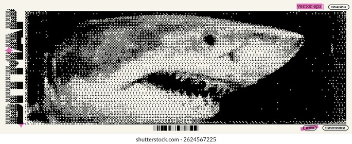 A striking illustration captures a shark illustrated in a bitmap style, showcasing elements of Dada and pixel art. The design radiates a retro Y2K vibe with bold contrasts and unique patterns.