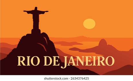 Ilustração marcante de Cristo Redentor no Rio de Janeiro, brilhando sob o céu dourado do pôr do sol, com a paisagem urbana vibrante e o horizonte oceânico à distância