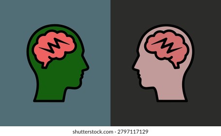 A striking illustration depicting two human heads facing right, one green and one pink, both with a lightning bolt in the brain, symbolizing mental health and wellness concepts.