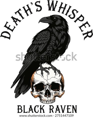 A striking illustration features a dark black raven perched atop a weathered human skull, with gothic text "DEATH'S WHISPER" and "BLACK RAVEN" completing the ominous design.