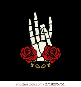 Uma ilustração impressionante apresenta uma mão de esqueleto fazendo o gesto icônico de 'rock and roll', adornado com duas rosas vermelhas vibrantes e folhas douradas, colocadas contra um fundo preto escuro. Este design combina elementos de cultura rock, estética gótica e beleza floral em um estilo clássico de arte de tatuagem, perfeito para vestuário, cartazes ou arte digital.