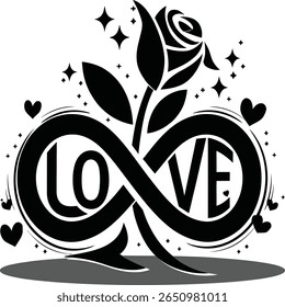 A striking illustration featuring the word "LOVE" intertwined with an infinity symbol and a beautifully detailed rose. This design is adorned with stars and hearts, symbolizing eternal love.