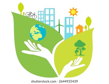 Ilustração marcante que apresenta uma visão holística da sustentabilidade ambiental e da vida ecológica, sob a forma de duas grandes folhas verdes