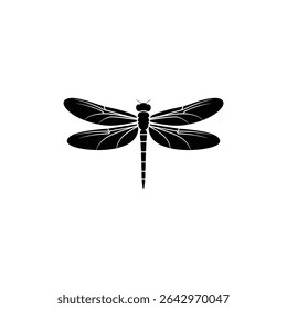 A striking illustration presents a black silhouette of a dragonfly. Its four wings display intricate vein patterns, all sharply contrasted against a white background.