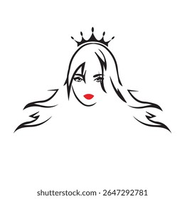  Uma ilustração impressionante do rosto de uma rainha com uma coroa, cabelo longo e fluido, e lábios vermelhos vibrantes, incorporando beleza, realeza e elegância.