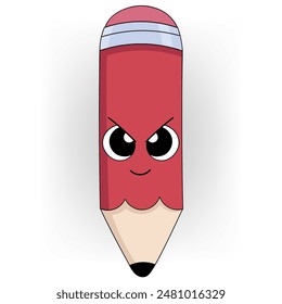 A striking illustration of a red cartoon pencil with a determined expression and a pink eraser.