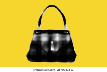 A striking illustration showcases a black handbag rendered in halftone style against a sunny yellow background. This artistic expression captures elegance and contemporary design, inviting admiration.