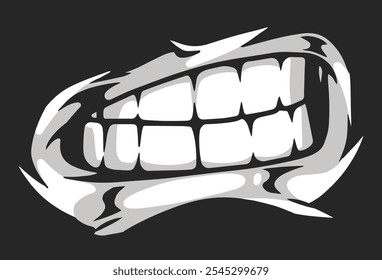 A striking illustration showcases a set of stylized white teeth on a black background. The design is dynamic capturing attention with its bold contrasts and graphic style.