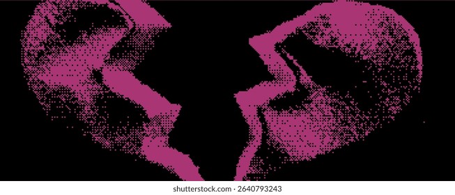 A striking illustration showcases a split heart design, rendered in bold pink hues. This symbolic representation evokes themes of sadness and loss, highlighting emotional turmoil. Bitmap pixel bg