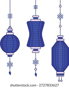 Uma ilustração impressionante que mostra três lanternas suspensas azuis profundas, de formato distinto, acentuadas com detalhes rosa claro nas tampas e bases. Cada lanterna apresenta elementos decorativos chineses tradicionais, incluindo nós intrincados e delicadas borlas penduradas abaixo deles. Esses ornamentos estilizados evocam um senso de cultura asiática, celebração e festividade, perfeito para o Ano Novo Lunar ou outros eventos de temática oriental. O contraste de cores arrojado garante alto impacto visual para projetos de design que precisam de iconografia cultural vibrante.