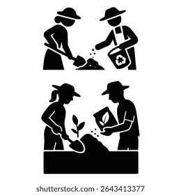 A striking illustration showcasing two pairs of farmers engaged in agricultural activities. The distinctive silhouette style creates a minimalist yet impactful visual. 