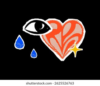A striking illustration showing a stylized eye with two blue teardrops, a textured red heart and a yellow star on a black background. A symbol of emotion, love and sadness.