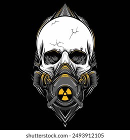 Striking illustration of a skull with cracks, wearing a gas mask featuring a radiation symbol. The bold, black and white design with yellow highlights evokes danger and intensity